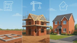 Illustrated New Build Stages UK Timeline showing the construction process of a detached modern house in three phases: groundwork and foundations, timber frame and scaffolding mid-build, and completed home with landscaping under a clear sky.