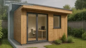Photorealistic image of a modern timber-clad UK garden office in a suburban backyard, showcasing professional planning details like insulation and blueprint overlays — ideal for illustrating compliance with Outbuildings Building Regulations.