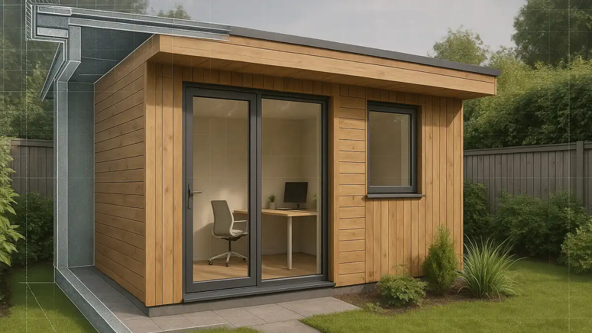 Photorealistic image of a modern timber-clad UK garden office in a suburban backyard, showcasing professional planning details like insulation and blueprint overlays — ideal for illustrating compliance with Outbuildings Building Regulations.