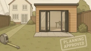 Illustration of a UK suburban garden with a timber garden office and patio, showcasing a neat lawn and main house in the background, used to represent outbuildings planning permission for homeowners.
