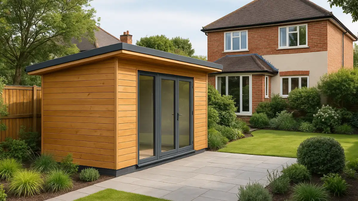 Modern outbuilding in a UK suburban garden featuring a timber-clad outbuilding with flat roof, landscaped greenery, and a red-brick home in the background — ideal for stylish, functional outdoor living.