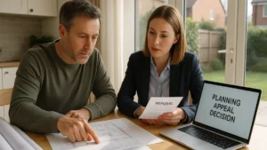 Concerned man discussing building blueprints with a planning consultant after receiving a refusal notice, with a laptop displaying “Planning Appeal Decision” — illustrating the question: Planning Appeal Refused What Next.