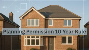 Modern UK suburban brick home with loft conversion, blueprint overlay lines, and title text “Planning Permission 10 Year Rule” – illustrating lawful development in British residential architecture.