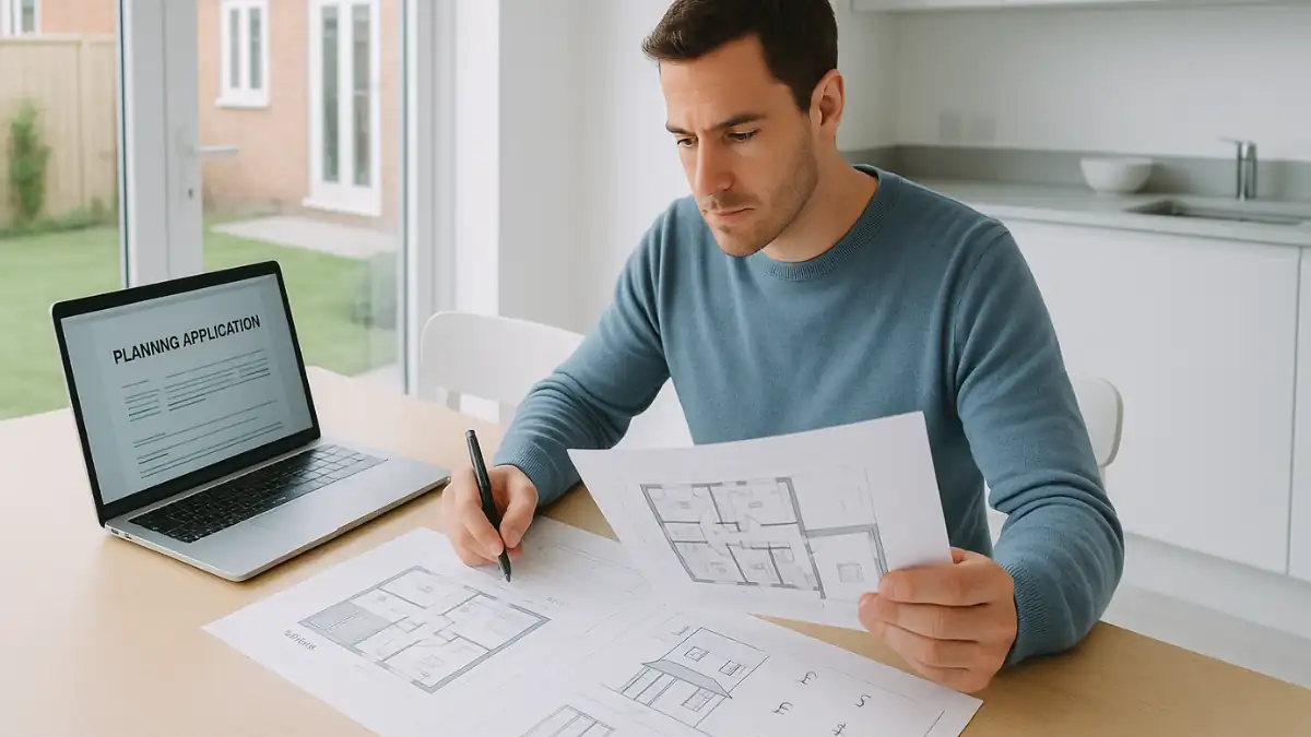 A modern UK homeowner reviews planning permission drawings cost estimates at a kitchen table, with floor plans, elevation sketches, and a laptop showing a planning application—highlighting the process and considerations around planning permission drawings cost.