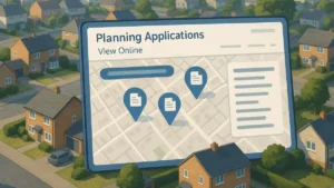Planning Permission View interface over a UK suburban neighbourhood, showing semi-detached homes and a digital map with planning application pins and online document previews.