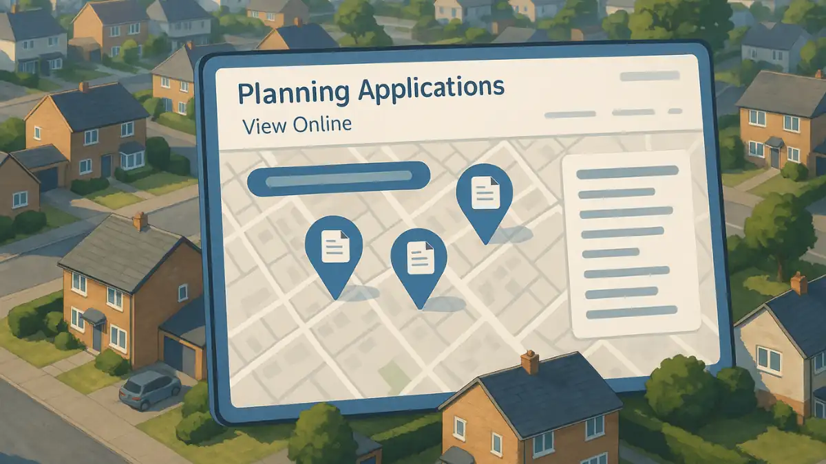 Planning Permission View interface over a UK suburban neighbourhood, showing semi-detached homes and a digital map with planning application pins and online document previews.