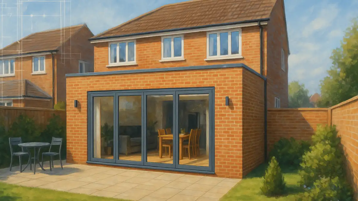 Modern brick home with a rear single-story extension featuring large glass doors, illustrating a typical example of planning permissions for extensions in suburban properties.