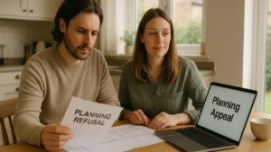 UK homeowner couple reviewing architectural plans and a planning refusal letter at their kitchen table, with a laptop showing “Planning Appeal” — illustrating the process of a Planning Refusal Appeal in a modern British home setting.
