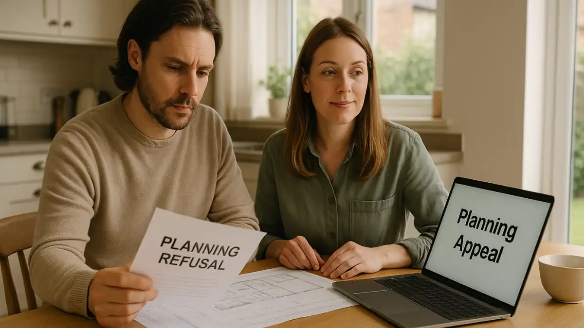 UK homeowner couple reviewing architectural plans and a planning refusal letter at their kitchen table, with a laptop showing “Planning Appeal” — illustrating the process of a Planning Refusal Appeal in a modern British home setting.