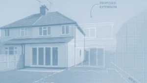 Visual concept of a UK semi-detached home with a proposed rear extension highlighted in blueprint overlay, used for illustrating planning permission for extension applications.