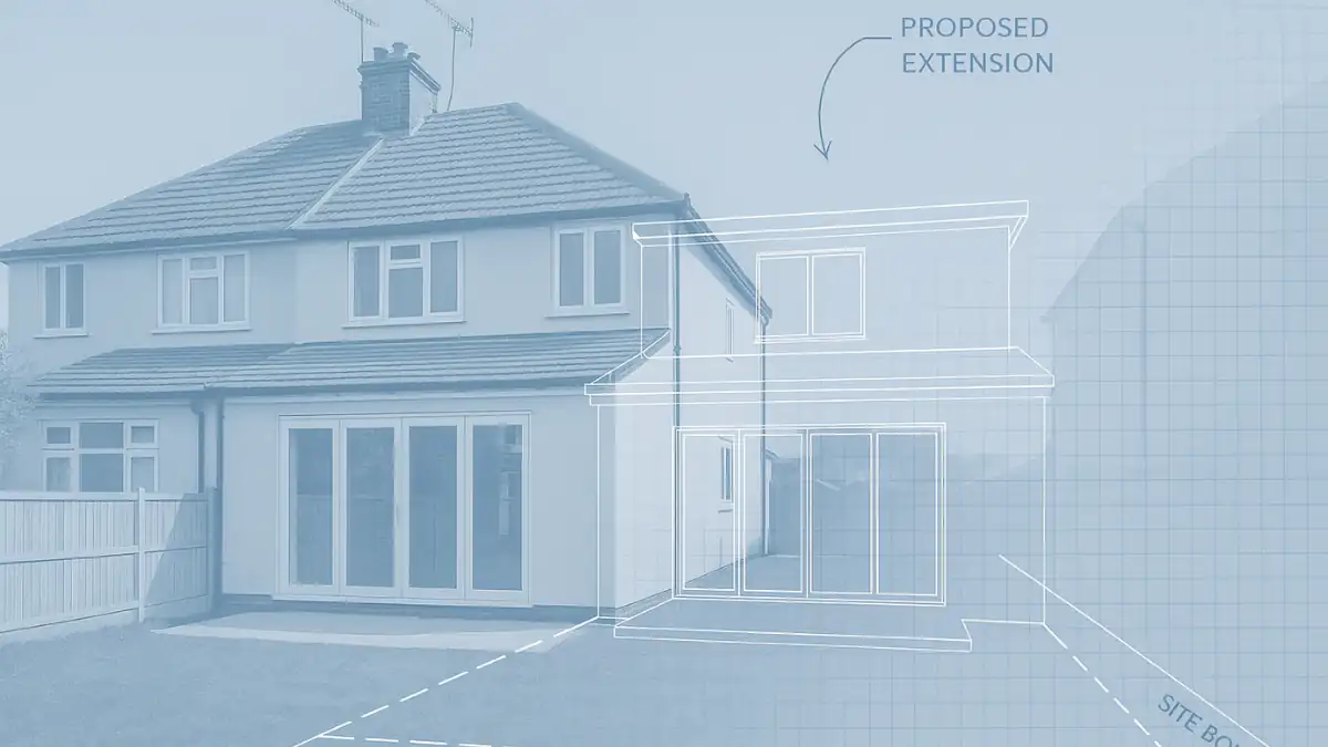 Visual concept of a UK semi-detached home with a proposed rear extension highlighted in blueprint overlay, used for illustrating planning permission for extension applications.