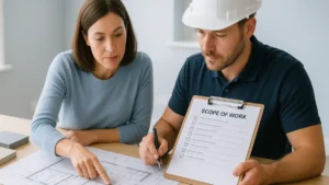 Homeowner and construction professional reviewing Scope of Work for a construction project with architectural plans and a in a bright, modern planning space.