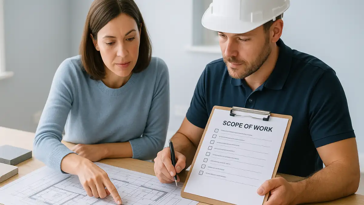Homeowner and construction professional reviewing Scope of Work for a construction project with architectural plans and a in a bright, modern planning space.
