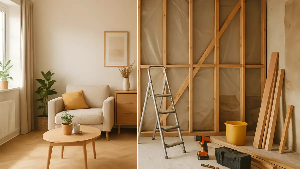 Split-view of a UK family home showing before-and-after renovation progress — one side fully furnished and bright, the other mid-remodel with exposed wooden framing and tools — illustrating how long does it take to remodel a house.