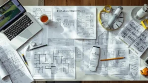 Top-down view of an architectural workspace showcasing building plans, floor layouts, and elevation drawings spread across a desk, with a laptop, measuring tape, pens, and a cup of tea—capturing a realistic “Building Plans Architecture” environment in a home office setting.