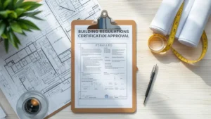 Building Regulations Certificate displayed on a clipboard surrounded by architectural blueprints, measuring tape, pen, and drafting tools on a light wooden desk.