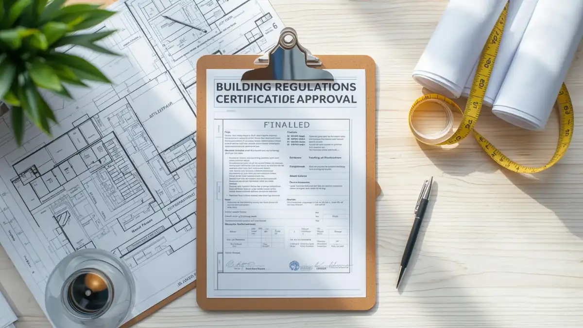 Building Regulations Certificate displayed on a clipboard surrounded by architectural blueprints, measuring tape, pen, and drafting tools on a light wooden desk.