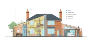 Cross-section diagram of a residential house highlighting key energy efficiency components such as insulation, airtightness, ventilation, and high-performance materials, in compliance with Building Regulations Part L.