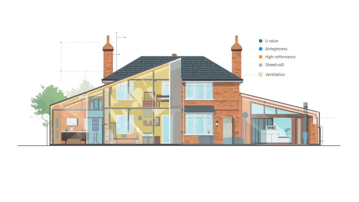 Cross-section diagram of a residential house highlighting key energy efficiency components such as insulation, airtightness, ventilation, and high-performance materials, in compliance with Building Regulations Part L.