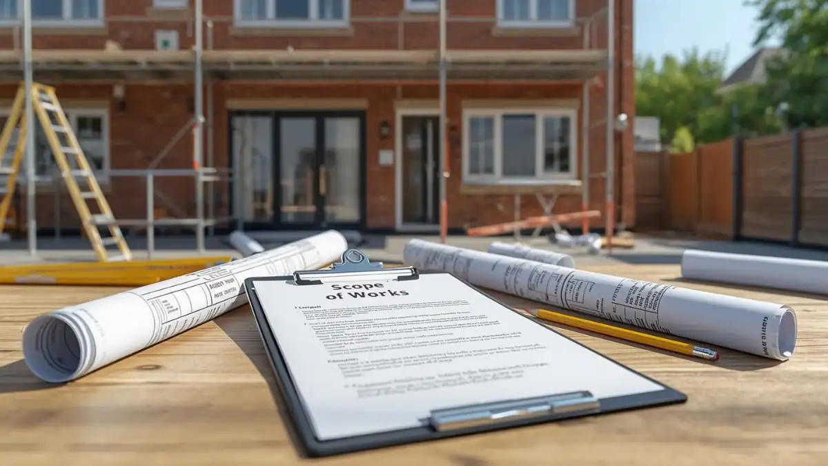 Construction Company Scope of Work document on a clipboard with architectural blueprints and tools on a table in front of a residential building under renovation.