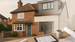 A modern UK family home with a loft conversion, partially overlaid with architectural drawings and planning tools on a table, visually illustrating the cost of planning drawings for home improvement projects.