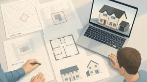 Overhead view of a UK homeowner and architectural designer reviewing detailed house drawings for planning permission, including location plan, block plan, floor plans, and elevations, with a 3D model of a semi- detached house displayed on a laptop.