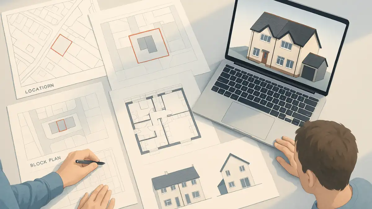 Overhead view of a UK homeowner and architectural designer reviewing detailed house drawings for planning permission, including location plan, block plan, floor plans, and elevations, with a 3D model of a semi- detached house displayed on a laptop.