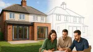 Architect reviewing extension plans with a couple in front of a modern UK semi-detached house, featuring a rear extension shown in both photorealistic and architectural line drawing styles.