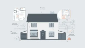 Illustration of a house highlighting planning permission and building regulations involved in extension regulations for residential properties.