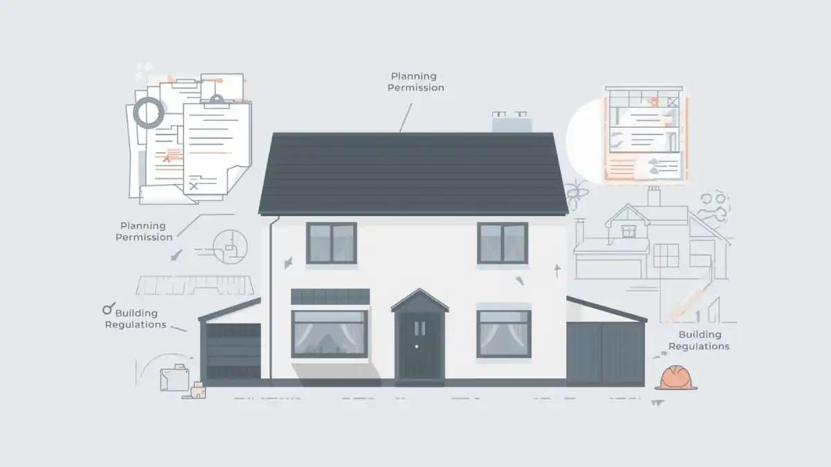 Illustration of a house highlighting planning permission and building regulations involved in extension regulations for residential properties.