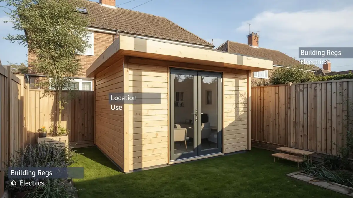 Modern wooden garden office with large glass doors in a landscaped backyard, designed for home working and maximizing outdoor space.
