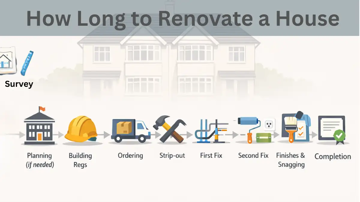 Infographic showing the renovation timeline for a UK home, illustrating the key stages from surveys to completion with icons and a semi-detached house background, created for the guide “How Long to Renovate a House.