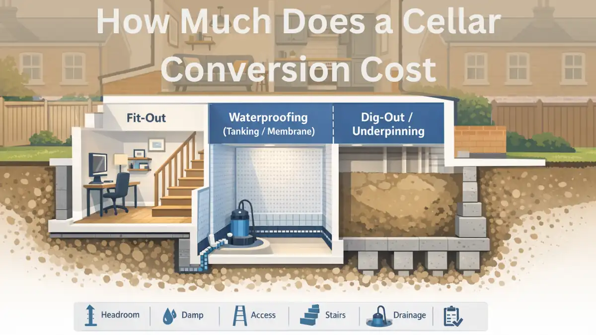 Illustrated cross-section of a Victorian terraced house basement conversion showing three cost areas—Fit-Out, Waterproofing, and Dig- Out/Underpinning—used to explain how much a cellar conversion costs in the UK, including drainage systems, underpinning, and home office staging.