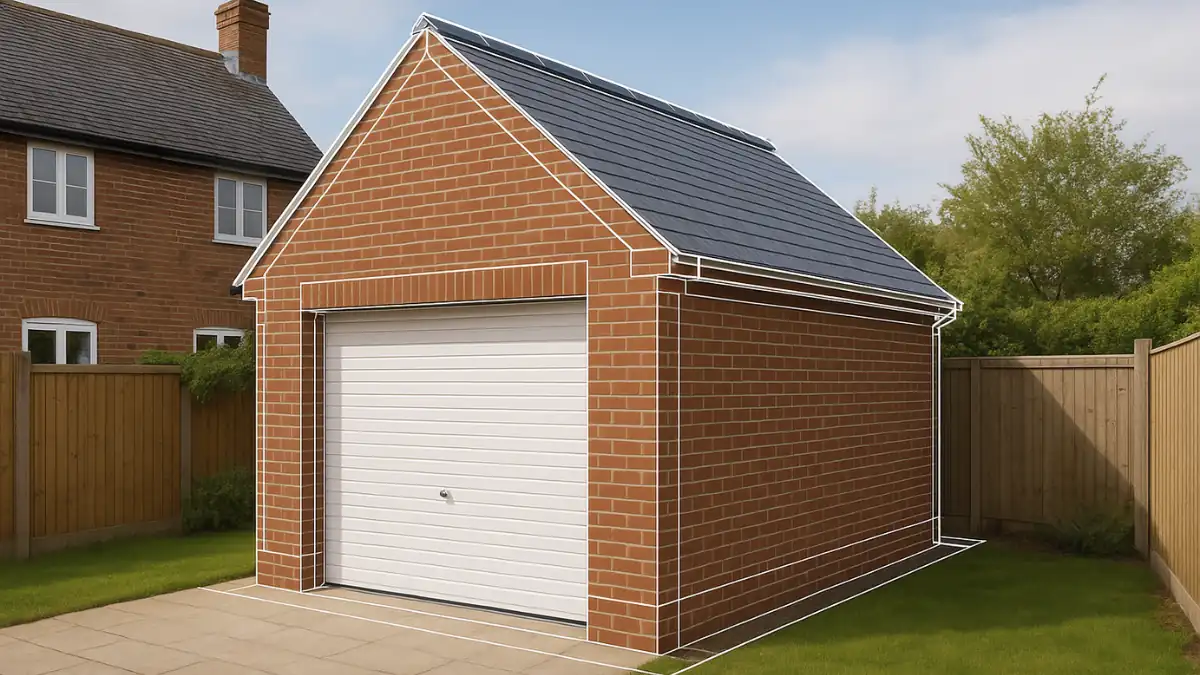 Modern detached brick garage with pitched slate roof beside a typical UK suburban home, outlined with planning-style technical lines — ideal for illustrating “How big can I build a garage without planning permission” in British residential settings.