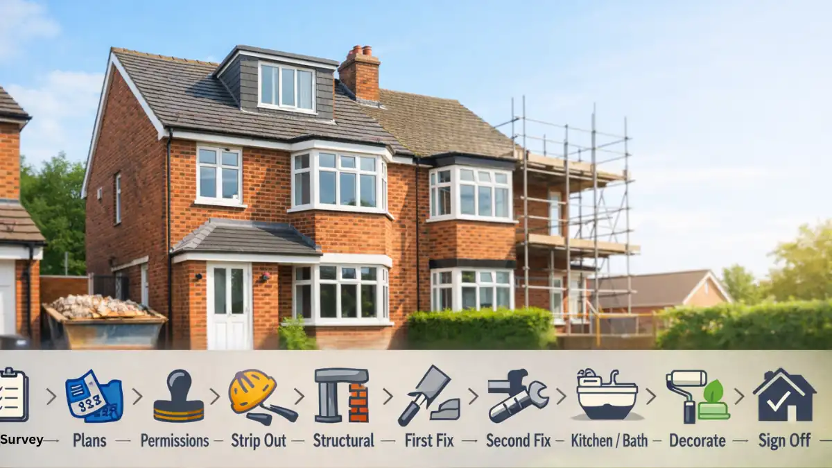Photorealistic image of a British semi-detached house under renovation, featuring a clear step-by-step renovation process with icons and labels for stages like survey, planning, permissions, structural work, and decoration — ideal visual guide for understanding how to renovate a house.