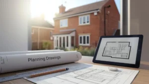 Planning drawings and architectural blueprints on a desk with a digital floor plan displayed on a tablet, set against the backdrop of a suburban brick house.