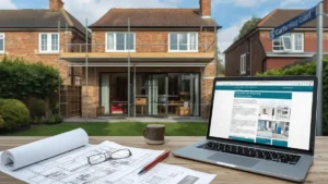 Architectural plans and a laptop displaying planning resources on a desk in a backyard, with a Cambridge home under renovation in the background — illustrating a real-world scenario of seeking planning permission in Cambridge.