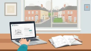 Illustration of a person researching 'Planning Permission Tunbridge Wells' on a laptop, with architectural drawings on a desk and a suburban street view of traditional British homes through the window.