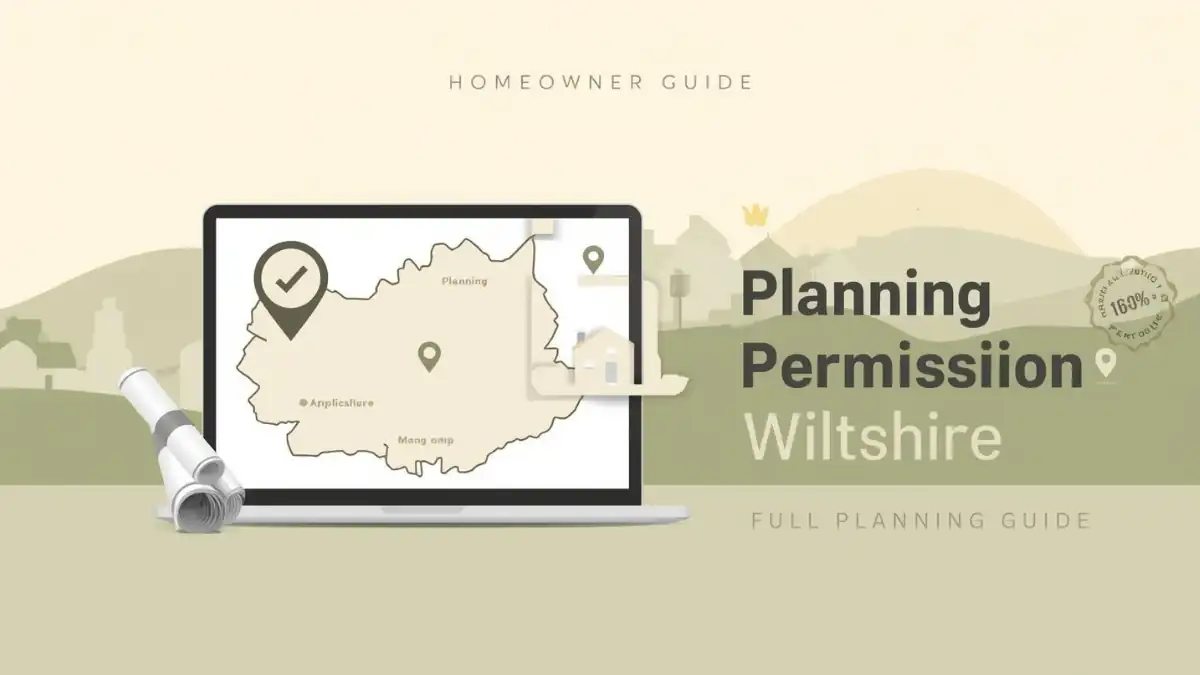 visualising the concept of planning permission in Wiltshire for a homeowner guide.-an Illustration showing a digital planning map of Wiltshire on a laptop screen with planning markers, rolled architectural drawings, and countryside scenery