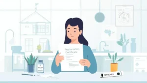 Illustration of a woman holding a Regularisation Certificate in a modern office setting, symbolizing approval and documentation for legal compliance in construction or property matters.