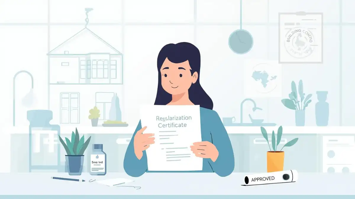 Illustration of a woman holding a Regularisation Certificate in a modern office setting, symbolizing approval and documentation for legal compliance in construction or property matters.