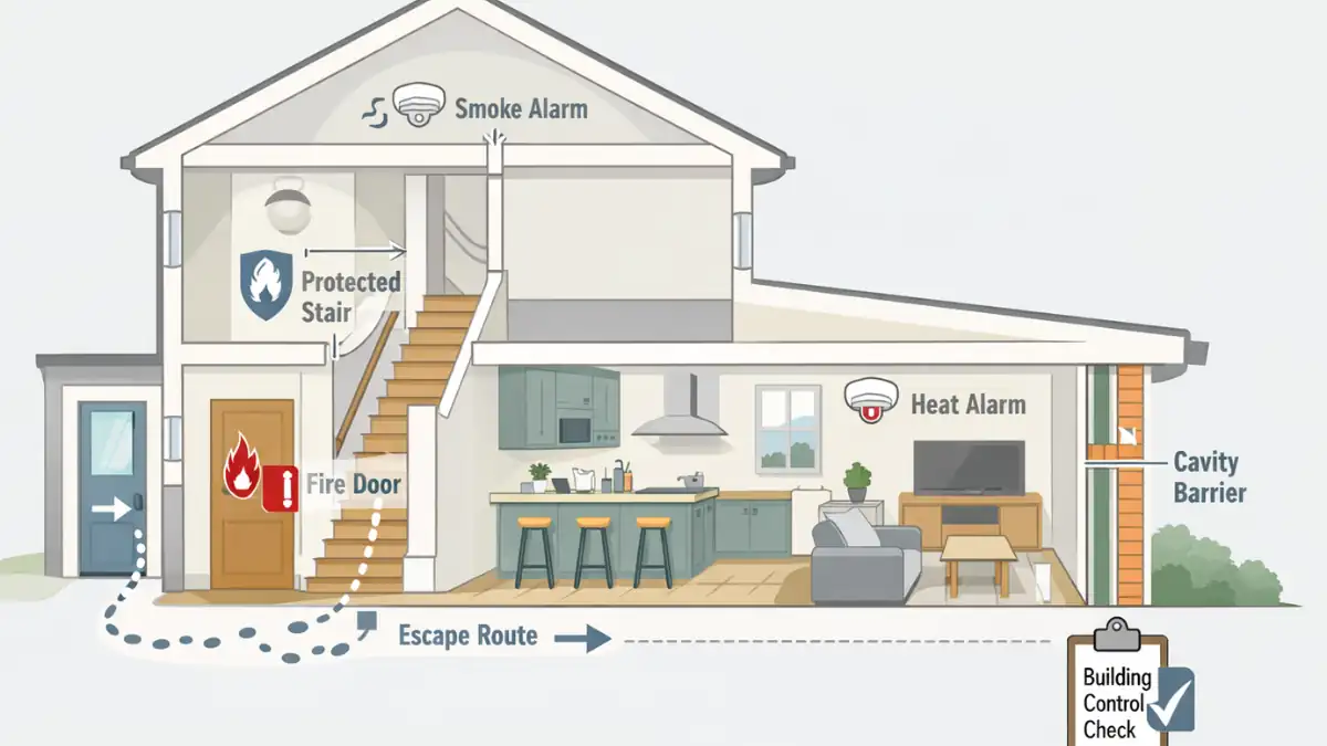 Illustration of a modern UK two-storey house extension showing key fire safety elements in compliance with Building Regulations Part B, including a protected stairwell, fire door, smoke and heat alarms, escape route, cavity barrier, and building control check icon.