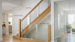 Modern UK home interior showing a timber staircase with glass balustrade and technical overlays illustrating Building Regulations Part K compliance for headroom, handrail height, and guarding safety.