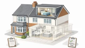 Isometric illustration of an Extension Loft Conversion on a UK semi- detached house, showing a modern rear dormer bedroom with ensuite and a wireframe rear ground floor extension, used to compare building up versus building out, with planning and building regulations icons included