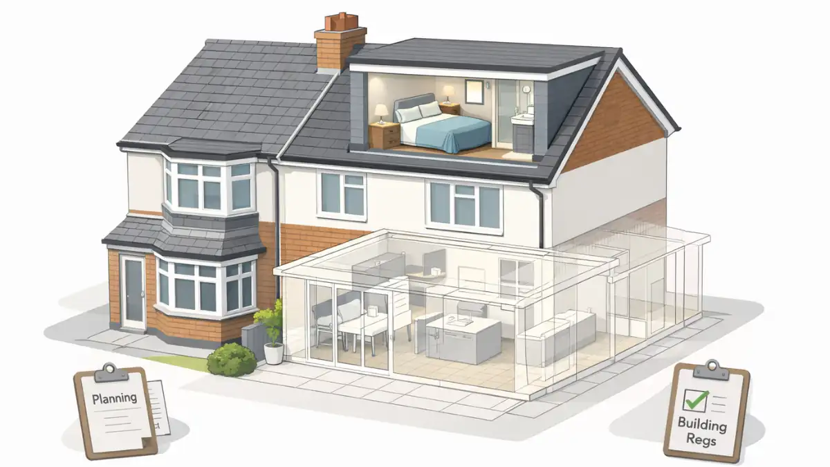 Isometric illustration of an Extension Loft Conversion on a UK semi- detached house, showing a modern rear dormer bedroom with ensuite and a wireframe rear ground floor extension, used to compare building up versus building out, with planning and building regulations icons included