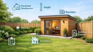 Modern garden shed home office in a tidy UK backyard, featuring a timber-clad workspace with warm interior lighting, surrounded by green lawn and planning regulation icons including permitted development, height, boundary, insulation, electrics, and building control.