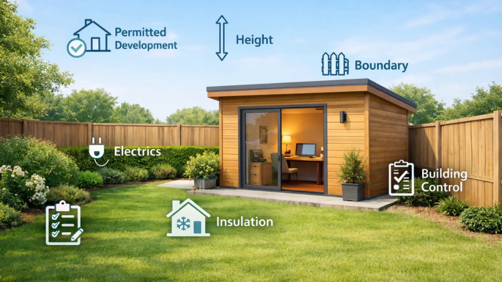 Modern garden shed home office in a tidy UK backyard, featuring a timber-clad workspace with warm interior lighting, surrounded by green lawn and planning regulation icons including permitted development, height, boundary, insulation, electrics, and building control.