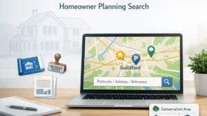Guildford Planning Search interface displayed on a laptop with a stylised UK map, surrounded by planning documents, blueprint icons, and search tools, set on a modern desk with a faint UK house outline in the background.