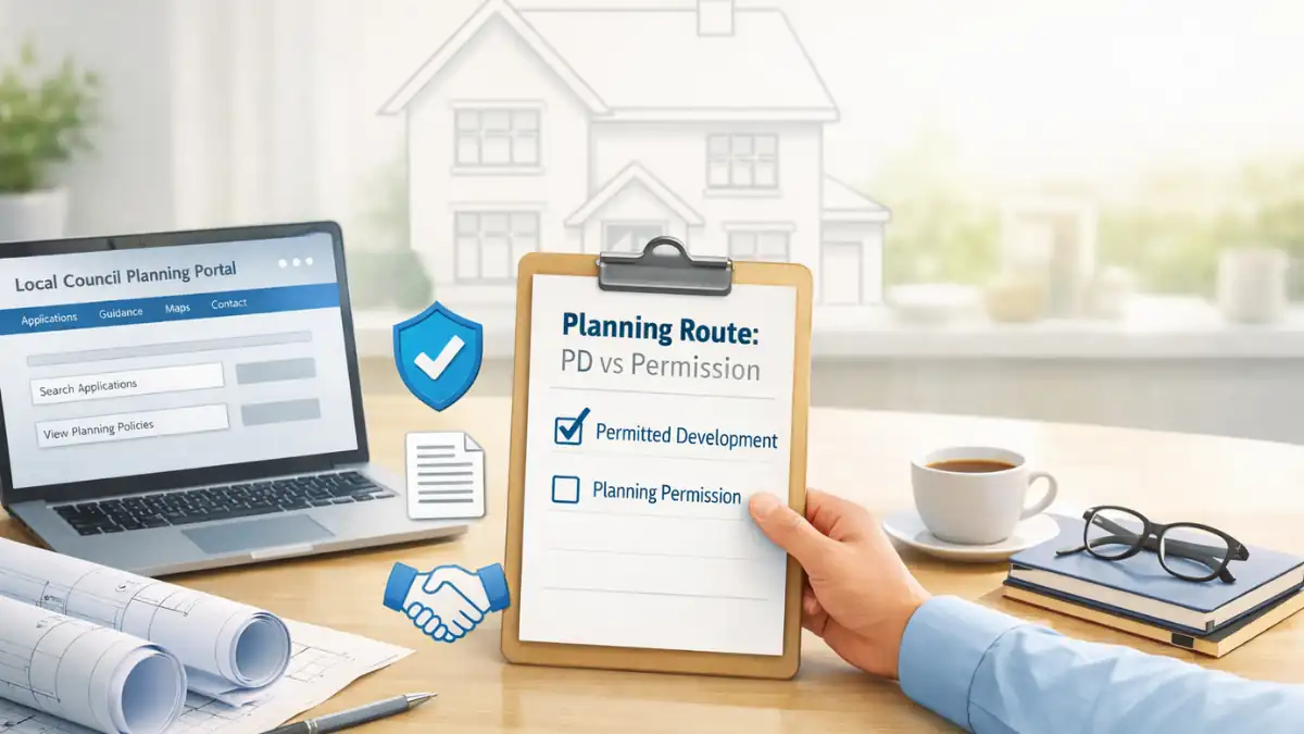 Planning consultants advising on UK home extension strategy, shown with blueprints, a planning checklist, and a local council planning portal on a laptop in a modern kitchen setting.