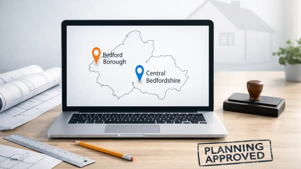 Clean planning workspace with a Bedfordshire map on a laptop screen showing Bedford Borough and Central Bedfordshire, surrounded by house plans and a 'Planning Approved' stamp – illustrating planning permission in Bedfordshire.